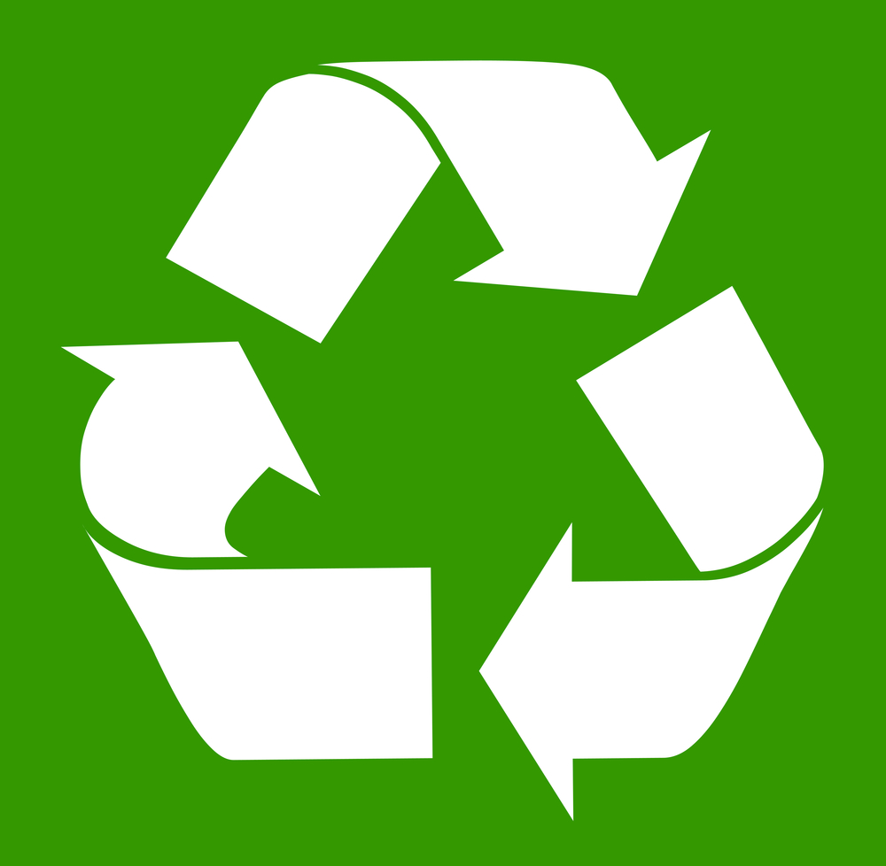 White recycling symbol isolated on green background.
